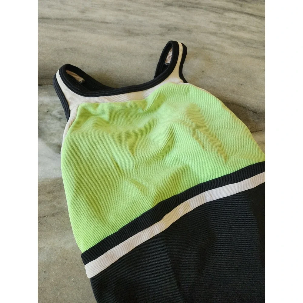 Jag Vintage High Cut One Piece Swimsuit Black Lime Green Ribbed Colorblock